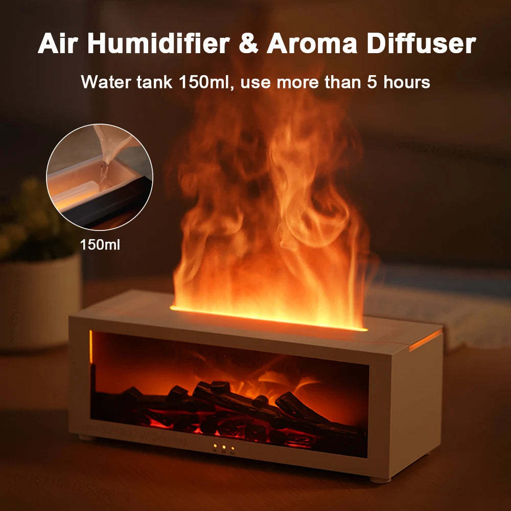 Flame Effect Humidifier – Colorful Aromatherapy Diffuser with Large Fog Volume & 3D Fireplace Design